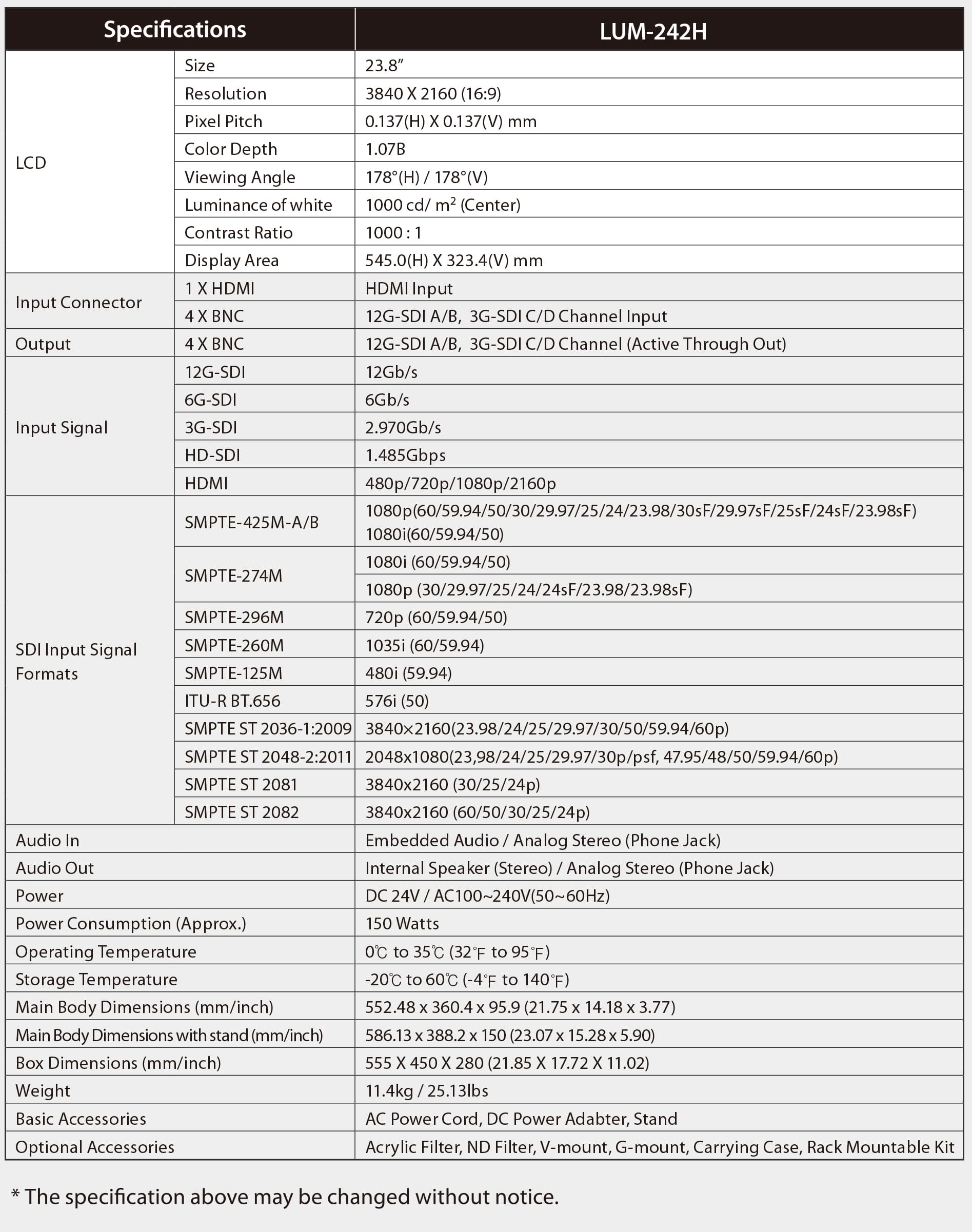 LUM-242H Specification